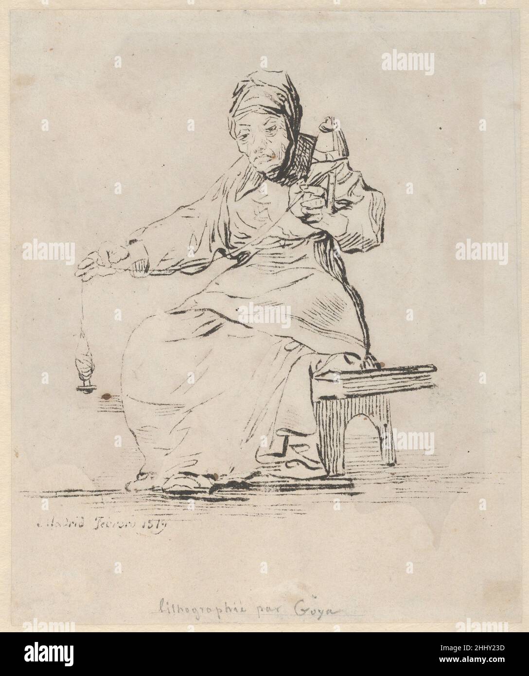 An old woman spinning, spindle in her right hand, distaff in her left