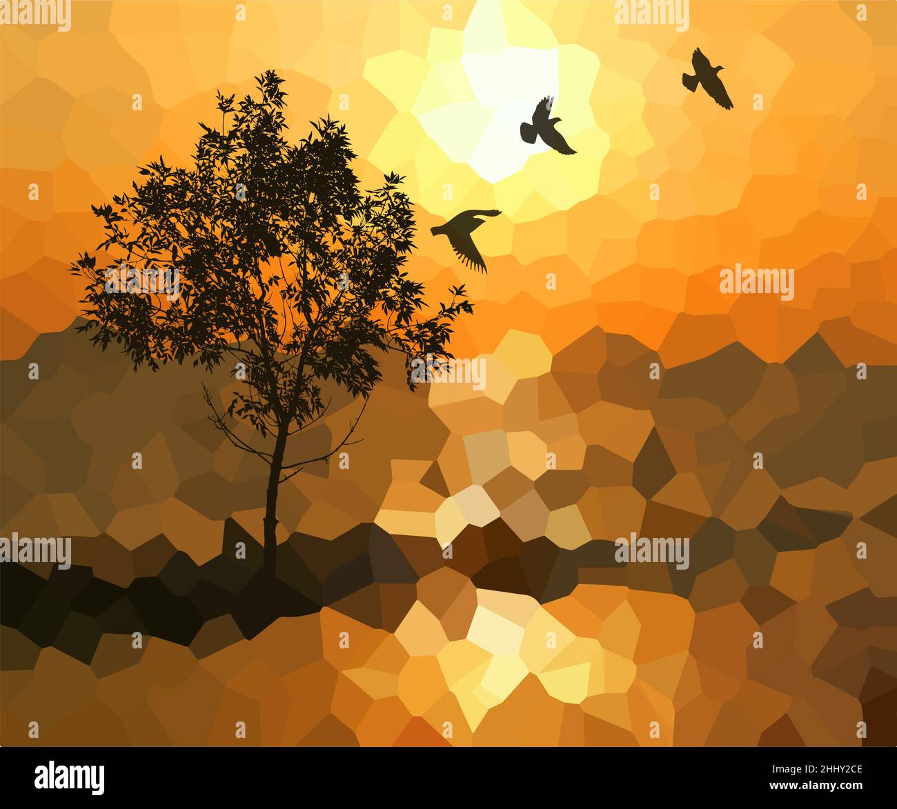 Sunset trees and birds. Abstract vector illustration Stock Vector