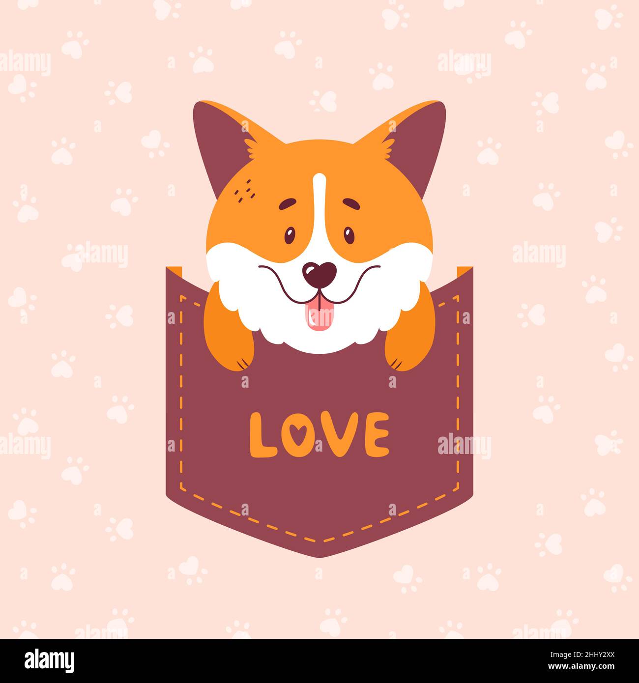 Corgi sitting inside the pocket - cute vector illustration. Welsh corgi puppy print for card or t-shirt design. Stock Vector