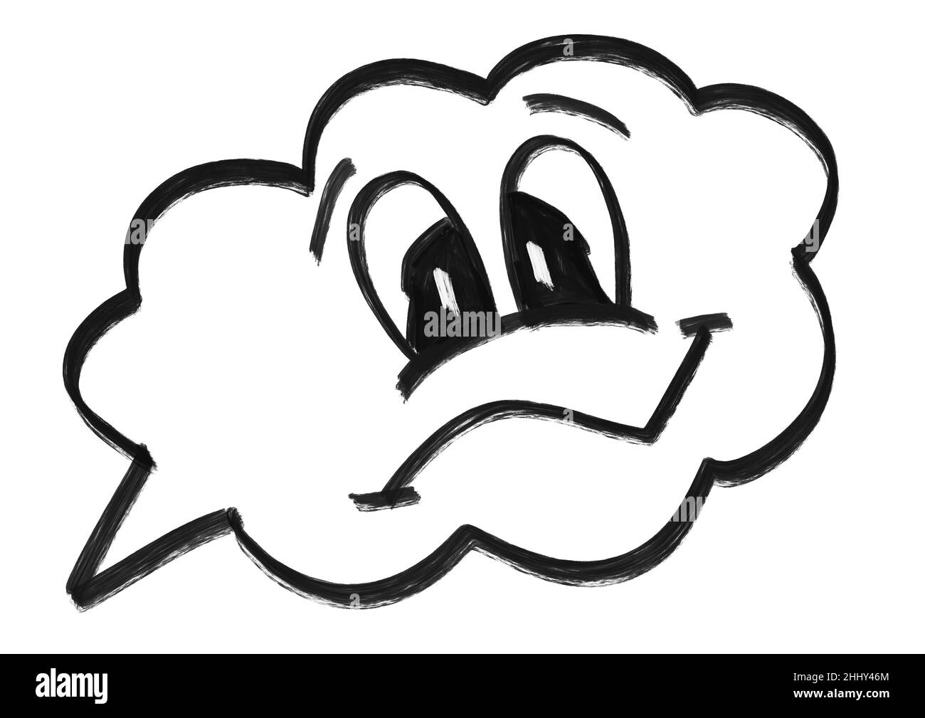 Speech bubble with sad face and smiley drawn in black color on white isolated background. Upset cloud with emoji for chat and massage. Funny communica Stock Photo