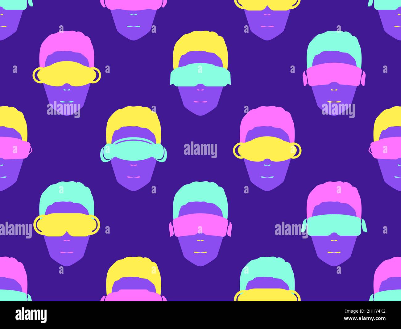 Heads in virtual reality glasses seamless pattern. Human face in VR headset in pop art style. Virtual reality glasses for access to the cyberspace of Stock Vector
