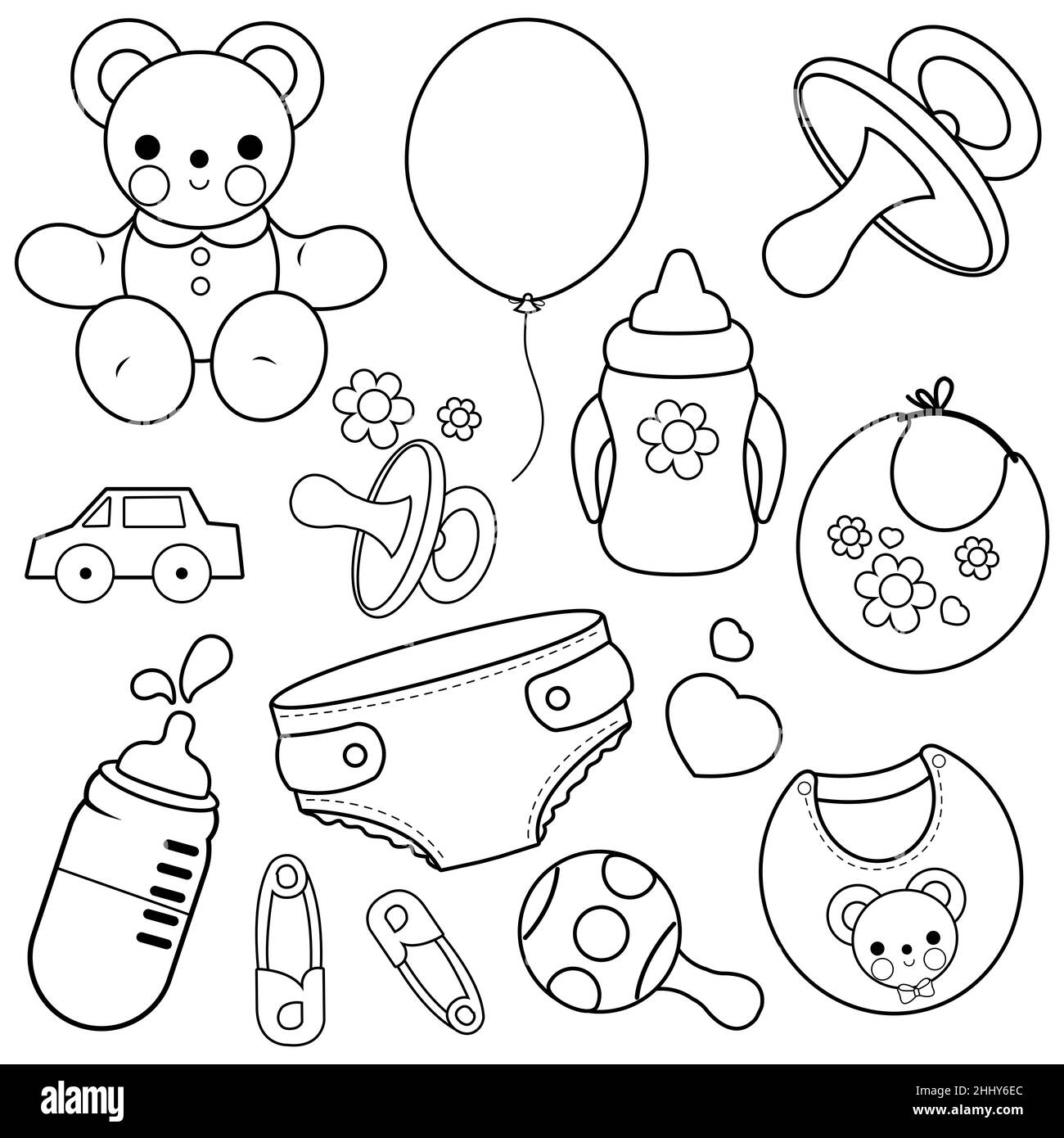 Baby girl and baby boy accessories. Black and white coloring page Stock Photo