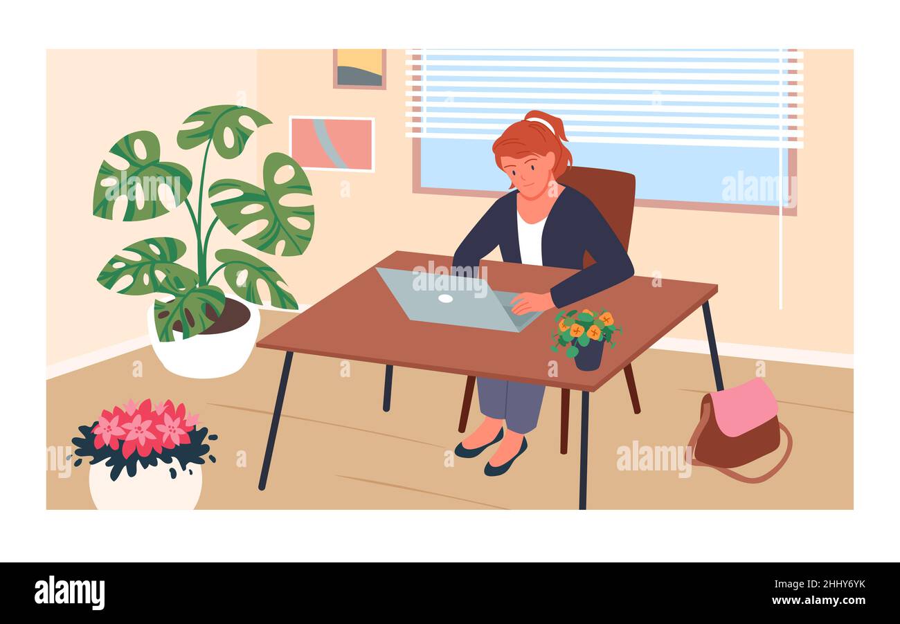 Work of businesswoman at office, busy woman sitting at table with laptop on workplace Stock Vector