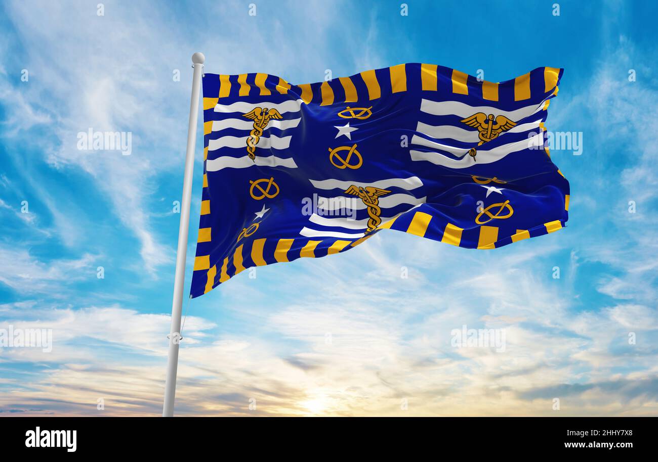 flag of Brisbane , Australia at cloudy sky background on sunset, panoramic view. Australian