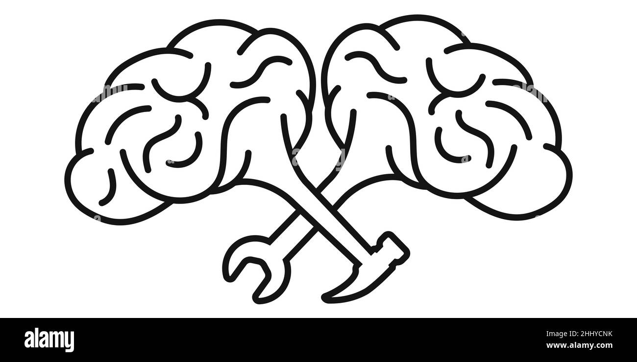 Human brain with hammer wrench psychology concept work psychologist, psychotherapist Stock Vector