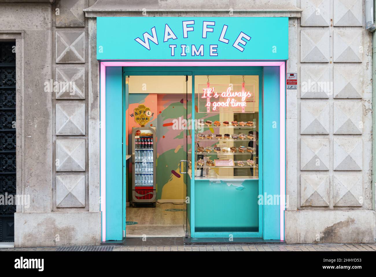 VALENCIA, SPAIN - JANUARY 24, 2022: Waffle Time is a company specialized in cooking and serving handmade Belgian waffles Stock Photo