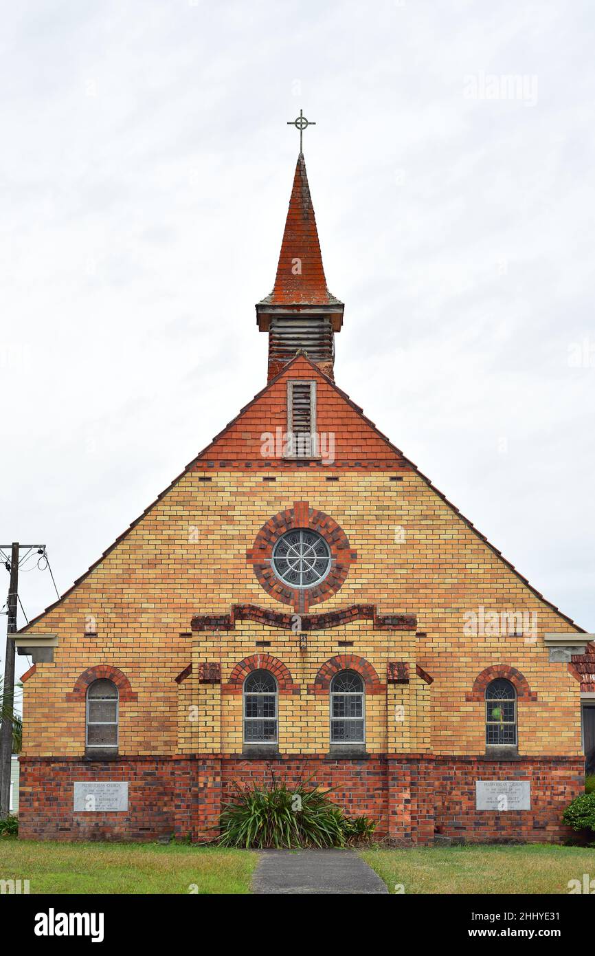 Brick Presbyterian church of St Aidans with wooden belfry in Northcote in Auckland. Stock Photo