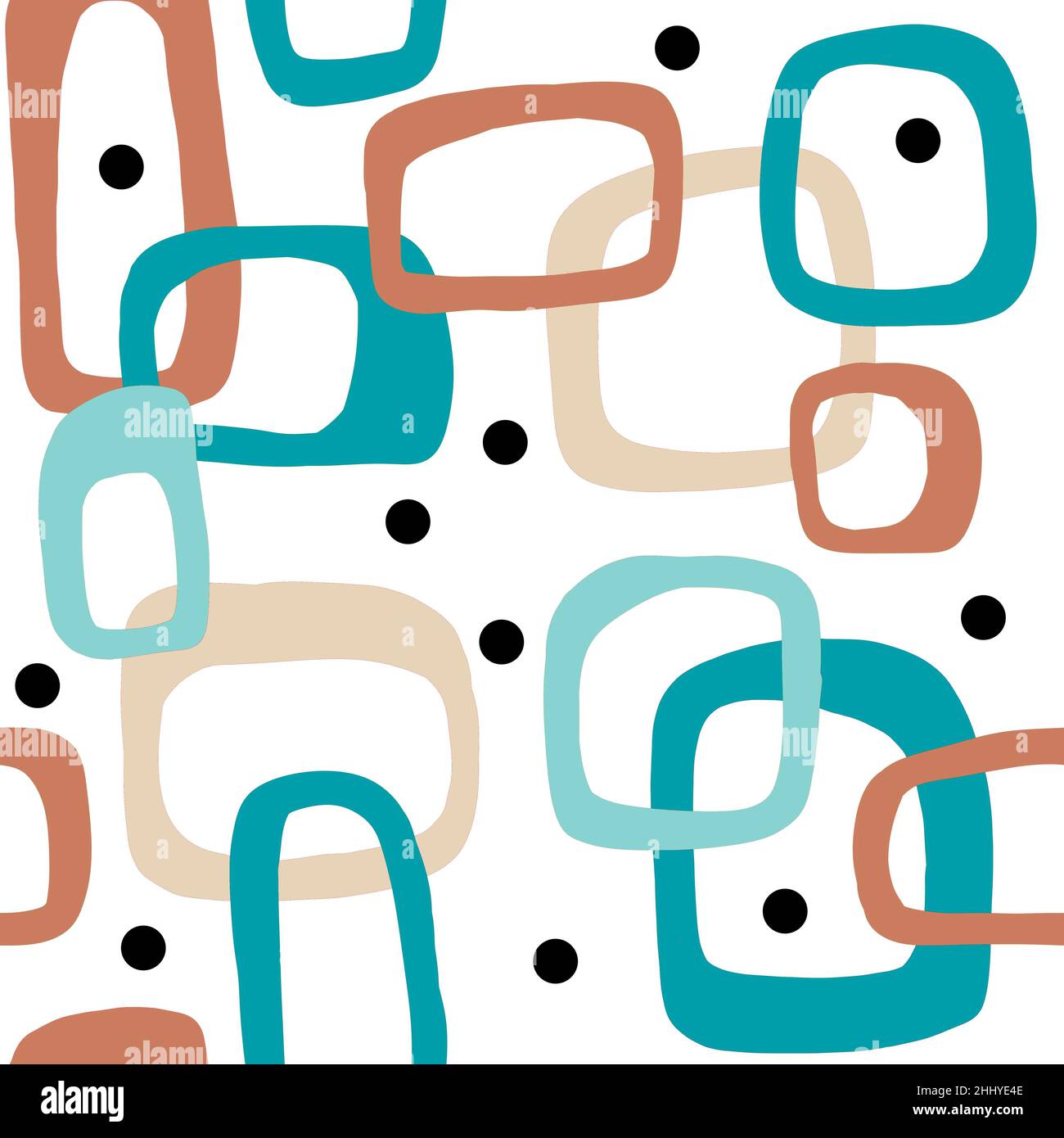 Seamless hand drawn mid century modern pattern in beige blue turquoise  black white colors. Retro vintage