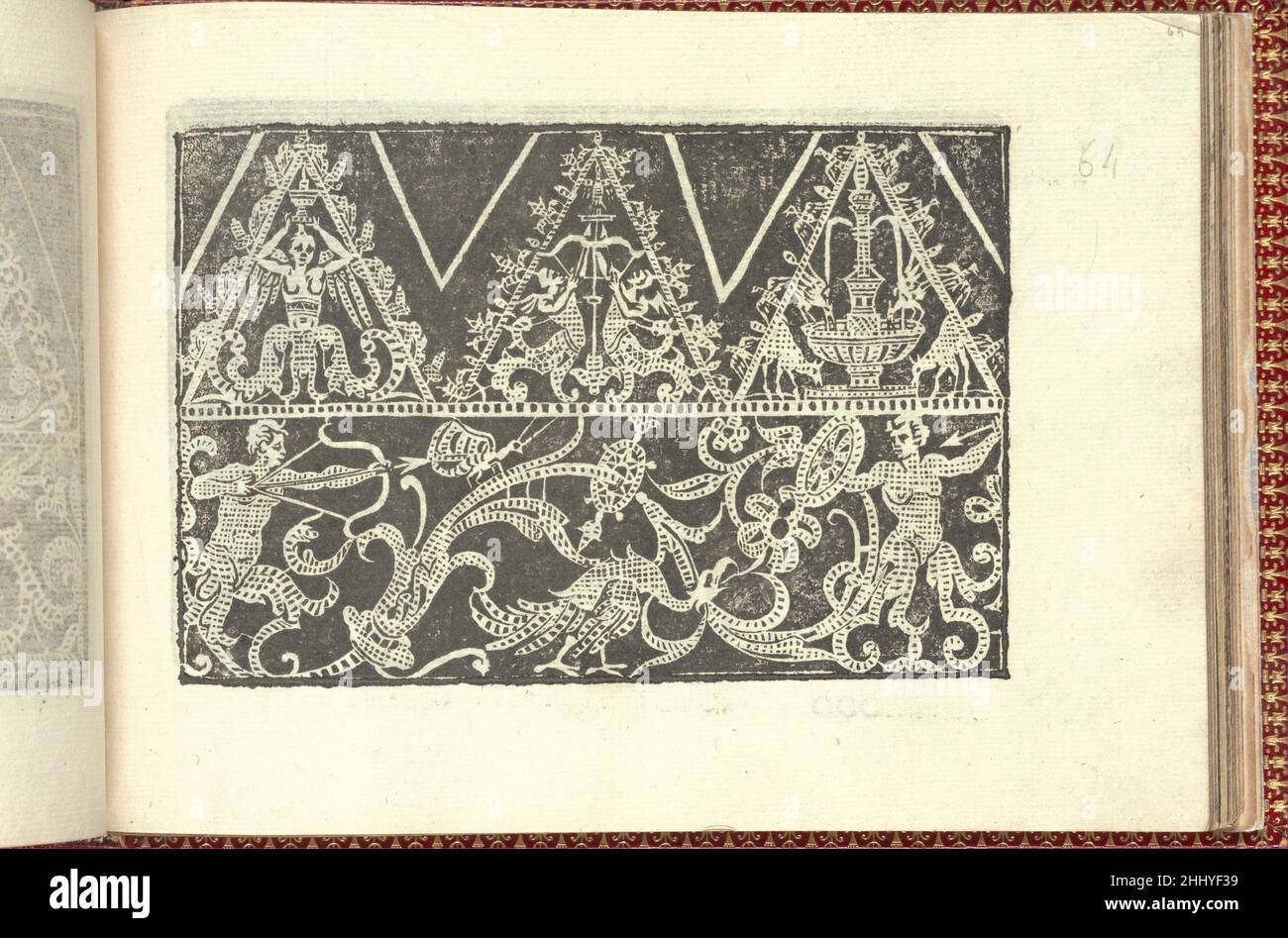 Corona delle Nobili et Virtuose Donne: Libro I-IV, page 64 (recto) 1601 Cesare Vecellio Italian Published by Cesare Vecellio, Italian, Pieve di Cadore 1521-1601 Venice, Venice.From top to bottom, and left to right:Design composed of 2 horizontal registers. Top register is decorated with 3 triangles: left triangle is ornamented with a composite female, bird, and plant creature holding a candle on her head, middle triangle is ornamented with 2 composite man, bird, and plant creatures shooting an arrow at a bird, right triangle is ornamented with a fountain from which 2 birds and 2 deer drink. Bo Stock Photo