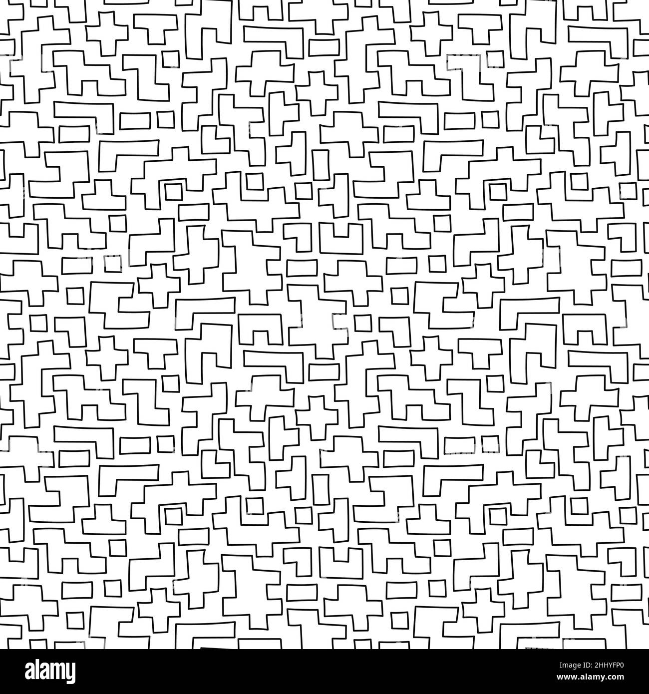 Hand drawn seamless pattern with abstract geometric brick puzzle elements, black and white texture. Stock Vector