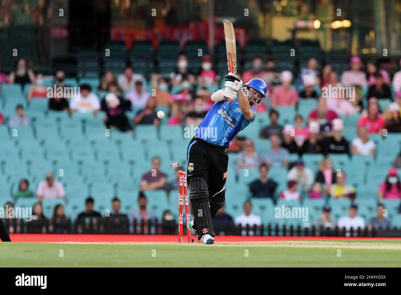 Sydney, Australia, 26 January, 2022. Travis Head of the Strikers gets bowled out during the Big Bash League Challenger cricket match between Sydney Sixers and Adelaide Strikers at The Sydney Cricket Ground on January 26, 2022 in Sydney, Australia. Credit: Steven Markham/Speed Media/Alamy Live News Stock Photo