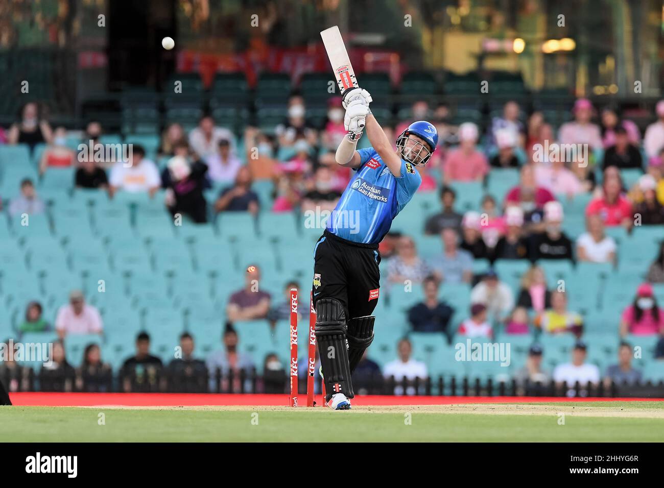 Sydney, Australia, 26 January, 2022. Travis Head of the Strikers gets bowled out during the Big Bash League Challenger cricket match between Sydney Sixers and Adelaide Strikers at The Sydney Cricket Ground on January 26, 2022 in Sydney, Australia. Credit: Steven Markham/Speed Media/Alamy Live News Stock Photo