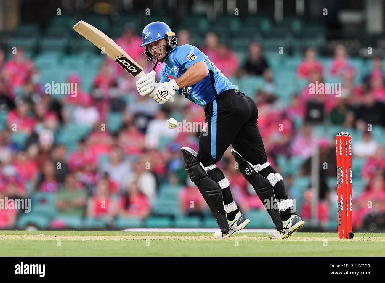 Sydney, Australia, 26 January, 2022. Jon Wells of the Strikers hits the ball during the Big Bash League Challenger cricket match between Sydney Sixers and Adelaide Strikers at The Sydney Cricket Ground on January 26, 2022 in Sydney, Australia. Credit: Steven Markham/Speed Media/Alamy Live News Stock Photo