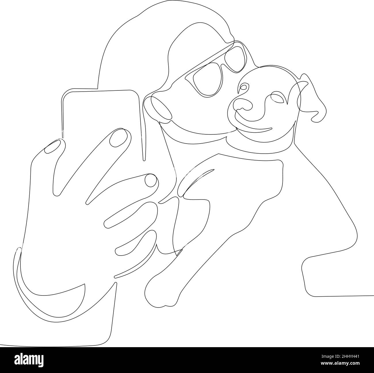 woman with her little dog is taking self portrait Stock Vector