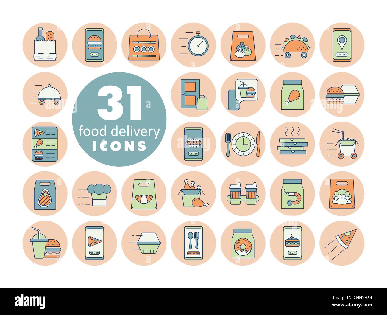 Fast food delivery vector flat icons set. Graph symbol for cooking web ...