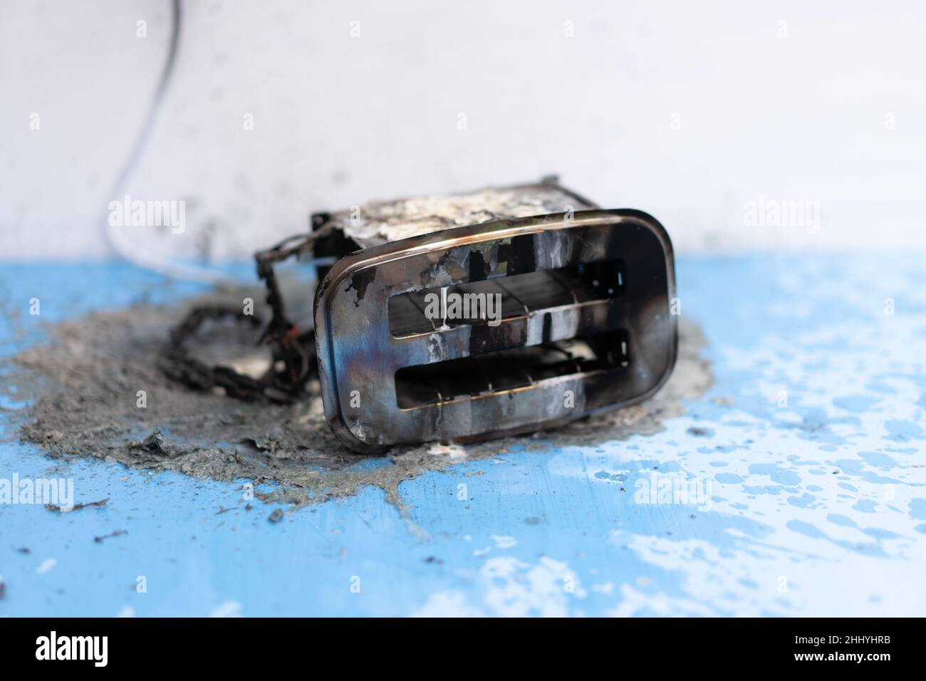 Toaster after fire. Household electrical appliance fire hazard
