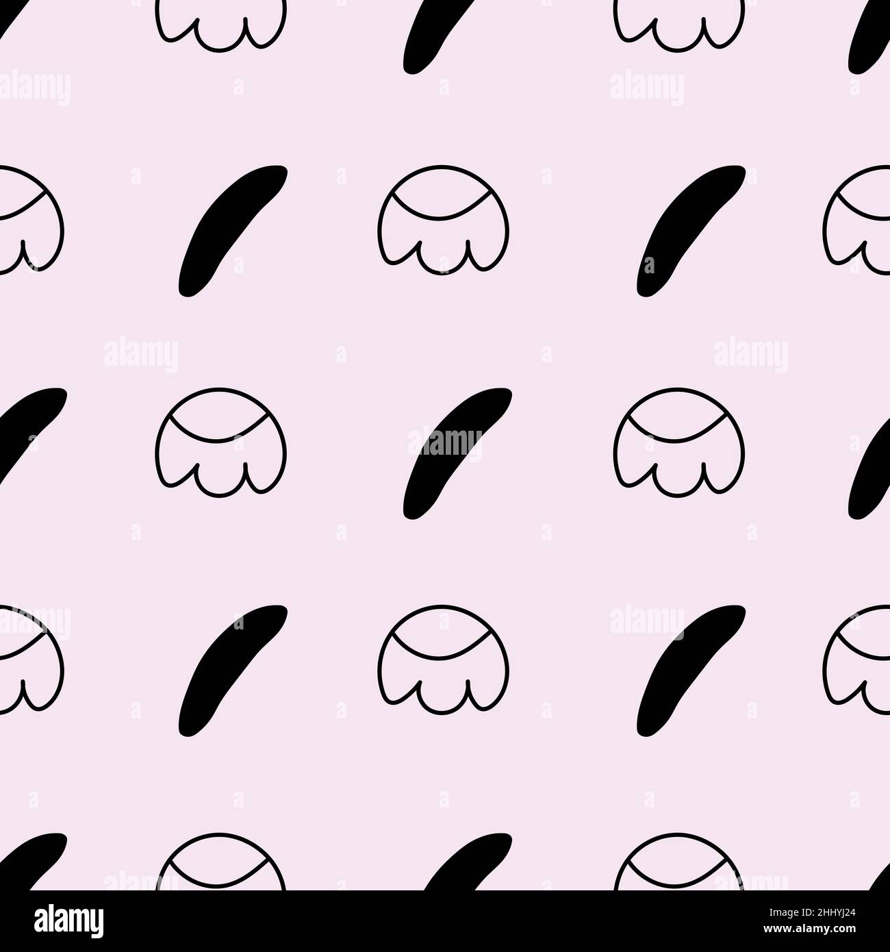 Geometric floral hand drawn seamless pattern, black elements on pink background. Stock Vector