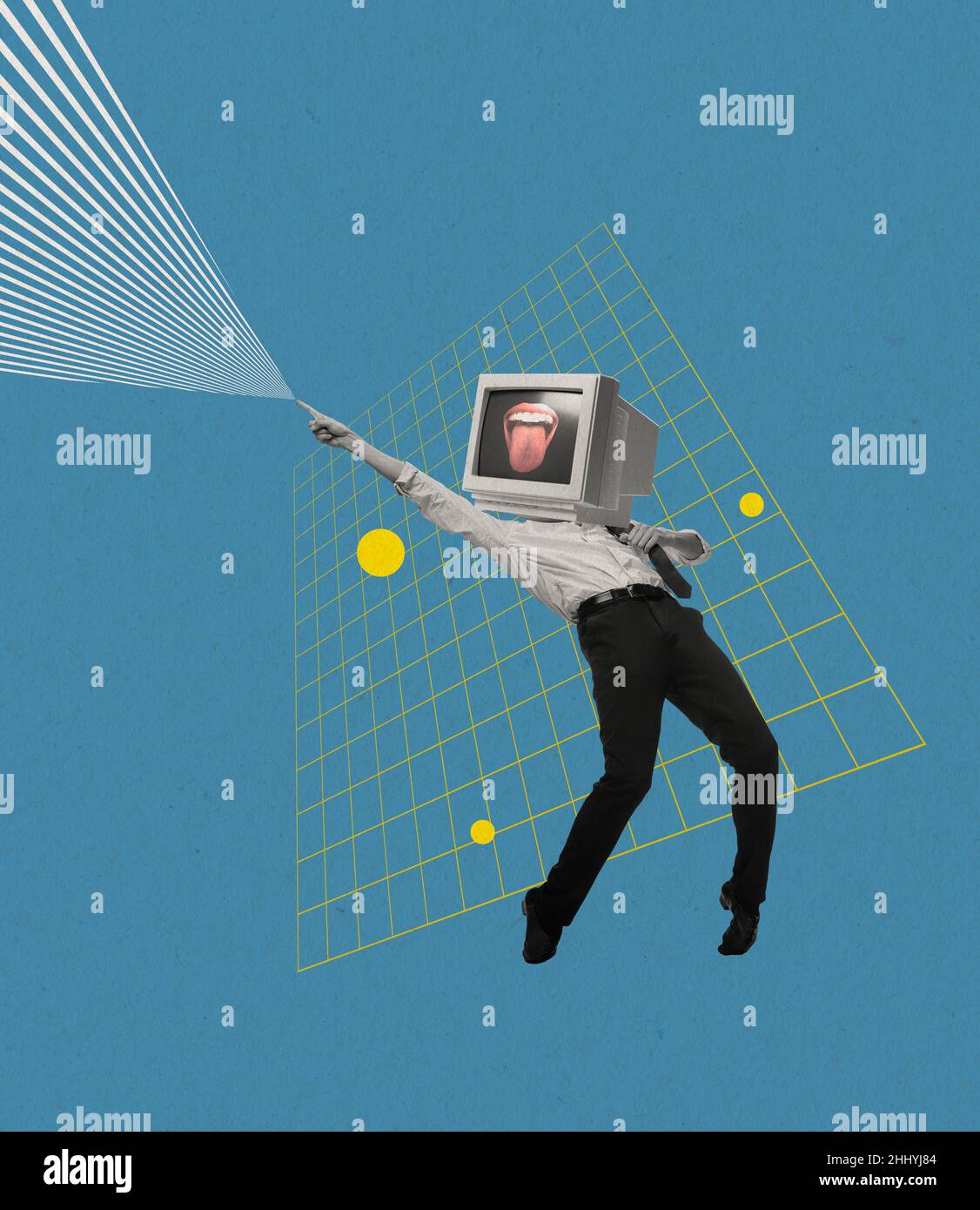 Contemporary art collage of man with retro computer, pc instead head ...