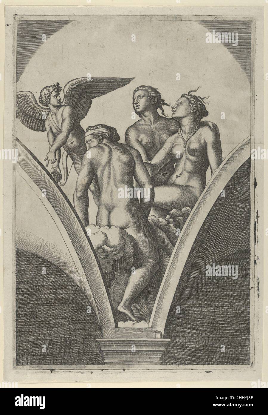 The Three Graces sitting on clouds, cupid at the left, after Raphael's fresco in the Chigi Gallery of the Villa Farnesina in Rome ca. 1517–20 Marcantonio Raimondi Italian. The Three Graces sitting on clouds, cupid at the left, after Raphael's fresco in the Chigi Gallery of the Villa Farnesina in Rome  342583 Stock Photo