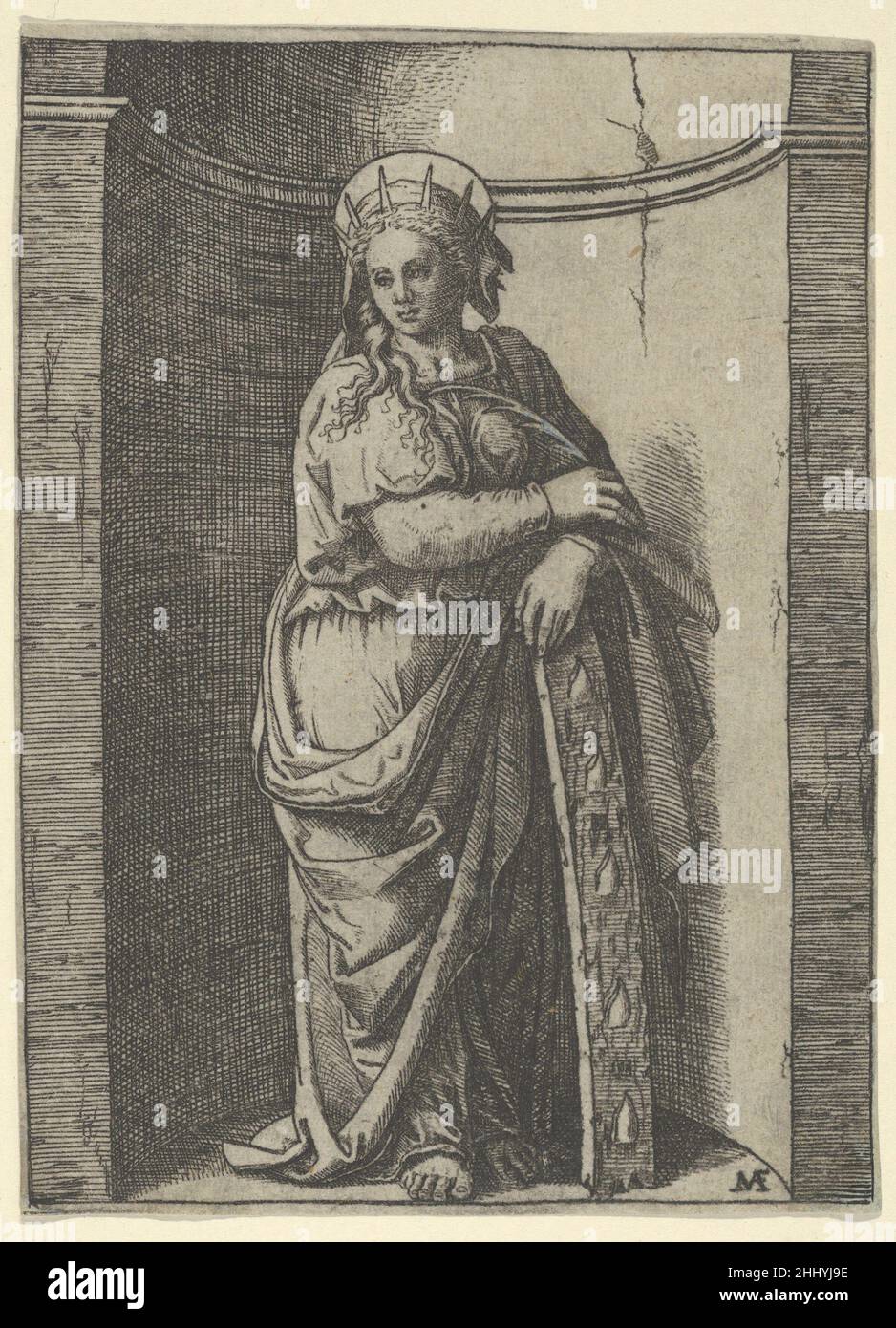 Saint Catherine standing in a niche, resting on a wheel, her instrument of torture ca. 1500–1527 Marcantonio Raimondi Italian. Saint Catherine standing in a niche, resting on a wheel, her instrument of torture  342580 Stock Photo