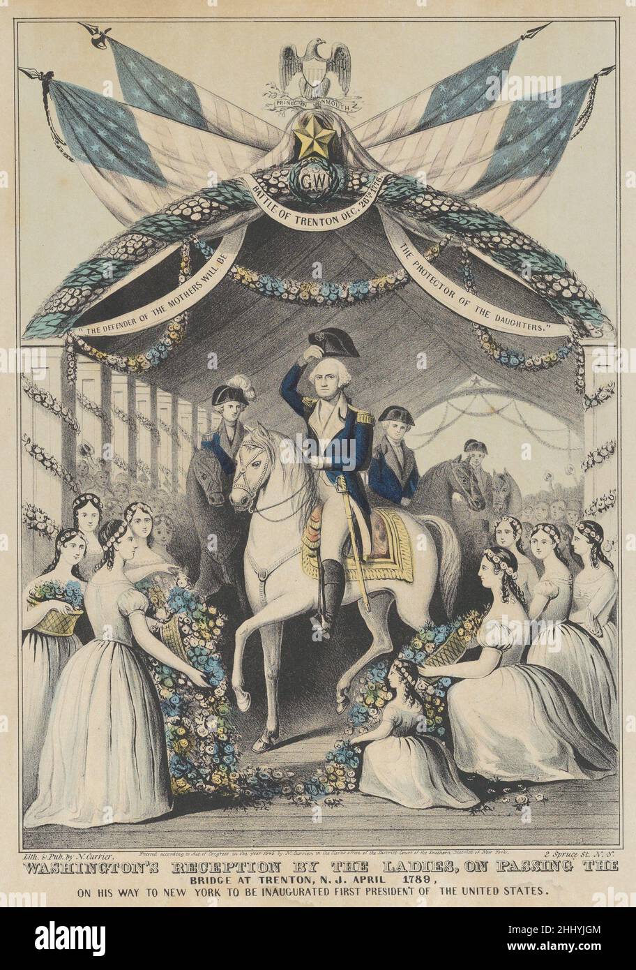 Washington's Reception by the Ladies on Passing the Bridge at Trenton, N.J., April 1789, on His Way to be Inaugurated First President of the United States 1845 Lithographed and published by Nathaniel Currier American George Washington on horseback, accompanied by other gentlemen, is greeted by ladies bearing flowers as he rides over the bridge at Trenton. Banners bear the following inscriptions: 'Battle of Trenton, December 26, 1776' 'The Defender of the Mothers will be the Proctector of the Daughters.'. Washington's Reception by the Ladies on Passing the Bridge at Trenton, N.J., April 1789, o Stock Photo