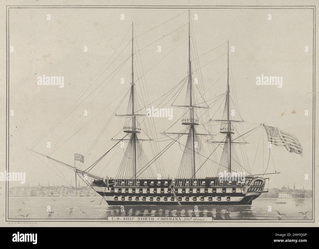 U. S. Ship North Carolina, 102 Guns 1843 Lithographed and published by Nathaniel Currier American Proof. A marine print. A three-masted ship faces left with an American flag flying off the stern. The New York City skyline is visible behind the ship; Castle Garden at right. Unlike many Currier prints, this lithograph has not been hand-colored.. U. S. Ship North Carolina, 102 Guns  380851 Publisher: Lithographed and published by Nathaniel Currier, American, Roxbury, Massachusetts 1813?1888 New York, U. S. Ship North Carolina, 102 Guns, 1843, Lithograph; uncolored proof, Image: 9 1/8 x 13 1/8 in. Stock Photo