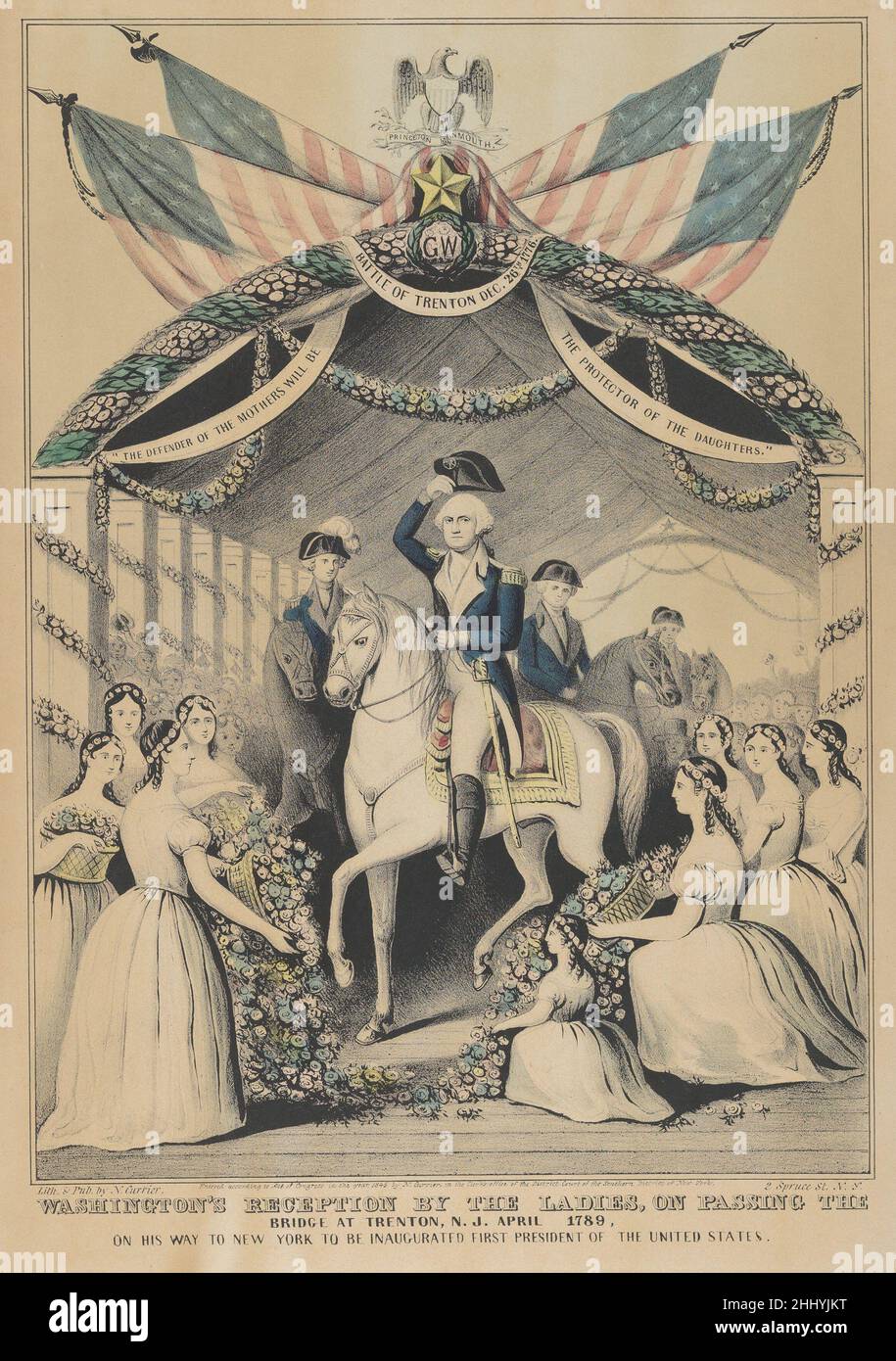 Washington's Reception by the Ladies on Passing the Bridge at Trenton, N.J., April 1789, on His Way to be Inaugurated First President of the United States 1845 Lithographed and published by Nathaniel Currier American George Washington on horseback, accompanied by other gentlemen, is greeted by ladies bearing flowers as he rides over the bridge at Trenton. Banners bear the following inscriptions: 'Battle of Trenton, December 26, 1776' 'The Defender of the Mothers will be the Proctector of the Daughters.'. Washington's Reception by the Ladies on Passing the Bridge at Trenton, N.J., April 1789, o Stock Photo