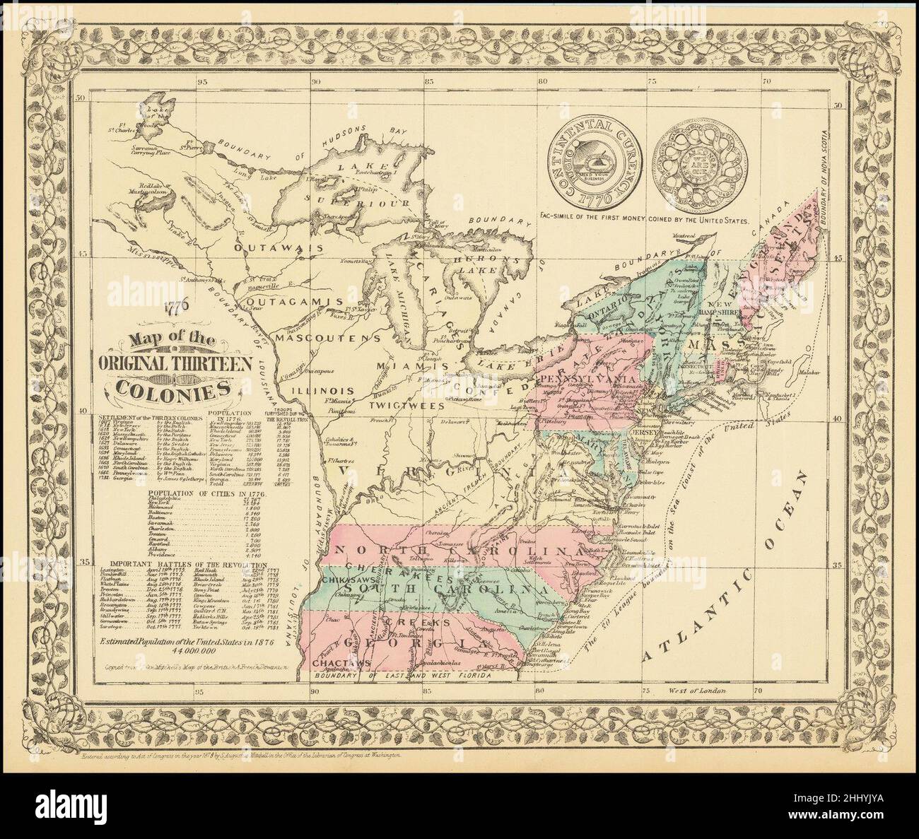 Samuel Augustus Mitchell Jr., 1776 -- Map of the Original Thirteen Colonies map, showing the 13 colonies, Indian Tribes, and details dating to 1776 Stock Photo