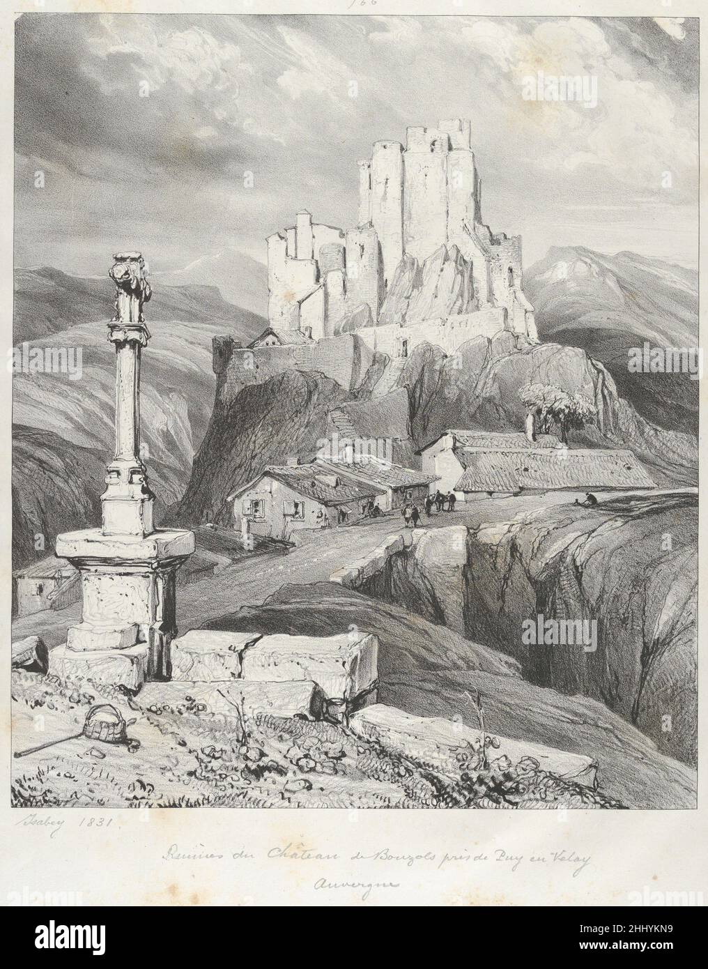 The Bouzols Castle Ruins Near Puy en Delay 1831 Eugène Isabey French This is from the series of prints Eugène Isabey made for the 'Auvergne' chapter of the book 'Voyages pittoresques et romantiques dans l'ancienne France'.. The Bouzols Castle Ruins Near Puy en Delay  688264 Stock Photo