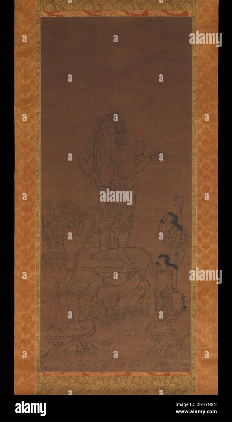 Fudō Myōō with Four Attendants, Outlined in Seed Syllables Second half of the 15th century Chikai 智海 His name meaning “immovable wisdom king,” Fudō Myōō (Sanskrit: Acala-vidyaraja) represents the wrathful aspect of the Cosmic Buddha Dainichi (see the large statue to the left of the Buddhist altar). As in the two sculptures of Fudō displayed nearby, in this painting the Buddhist protective deity holds a wisdom-sword in his right hand and a lasso, outlined in red, in his left. He and his four youthful attendants (dōji) are circumscribed in tiny sacred Sanskrit characters called “seed syllables” Stock Photo