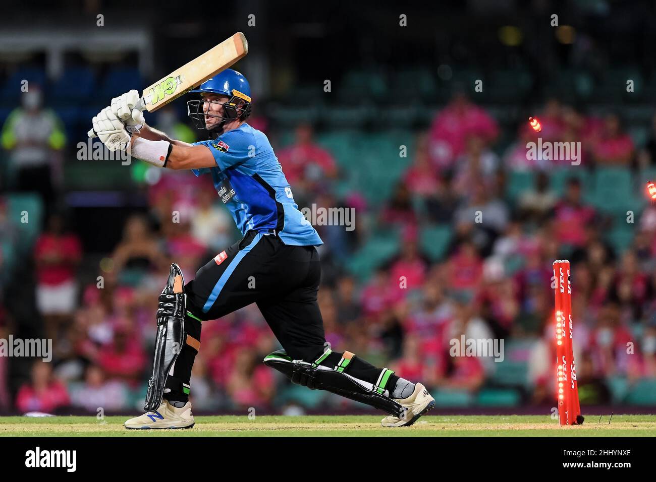 Sydney, Australia, 26 January, 2022. Thomas Kelly of the Strikers gets out during the Big Bash League Challenger cricket match between Sydney Sixers and Adelaide Strikers at The Sydney Cricket Ground on January 26, 2022 in Sydney, Australia. Credit: Steven Markham/Speed Media/Alamy Live News Stock Photo