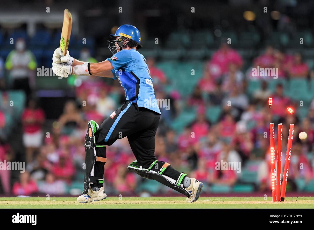Sydney, Australia, 26 January, 2022. Thomas Kelly of the Strikers gets out during the Big Bash League Challenger cricket match between Sydney Sixers and Adelaide Strikers at The Sydney Cricket Ground on January 26, 2022 in Sydney, Australia. Credit: Steven Markham/Speed Media/Alamy Live News Stock Photo