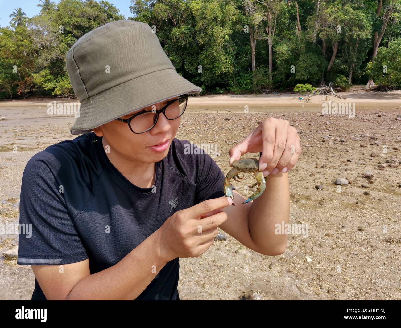 Happy asian male traveler caught and holds blue swimmer crab in hand on the beach with forest background. Wildlife, Adventure travel concept. Endau, M Stock Photo