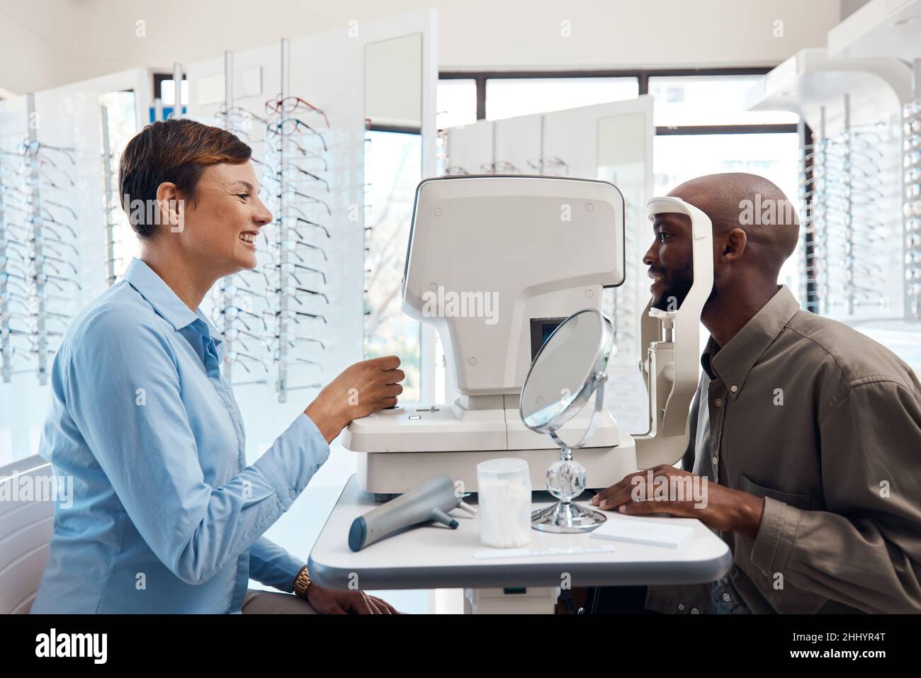 Eye care that's clearly the best. Shot of an optometrist examining her