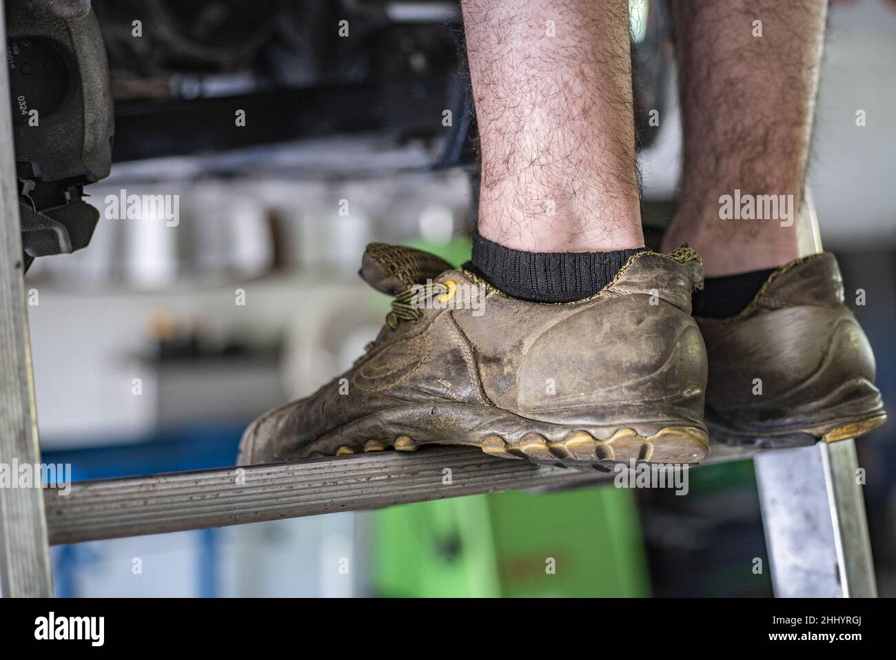 Ladder worker safety shoes Stock Photo Alamy