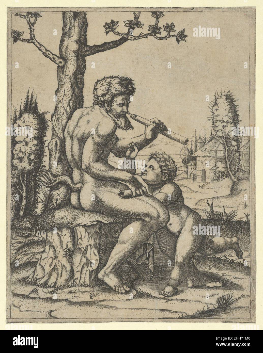 A faun sitting on a rock holding a flute in his left hand; a child stands between his knees ca. 1510–27 Marcantonio Raimondi Italian. A faun sitting on a rock holding a flute in his left hand; a child stands between his knees  342632 Stock Photo