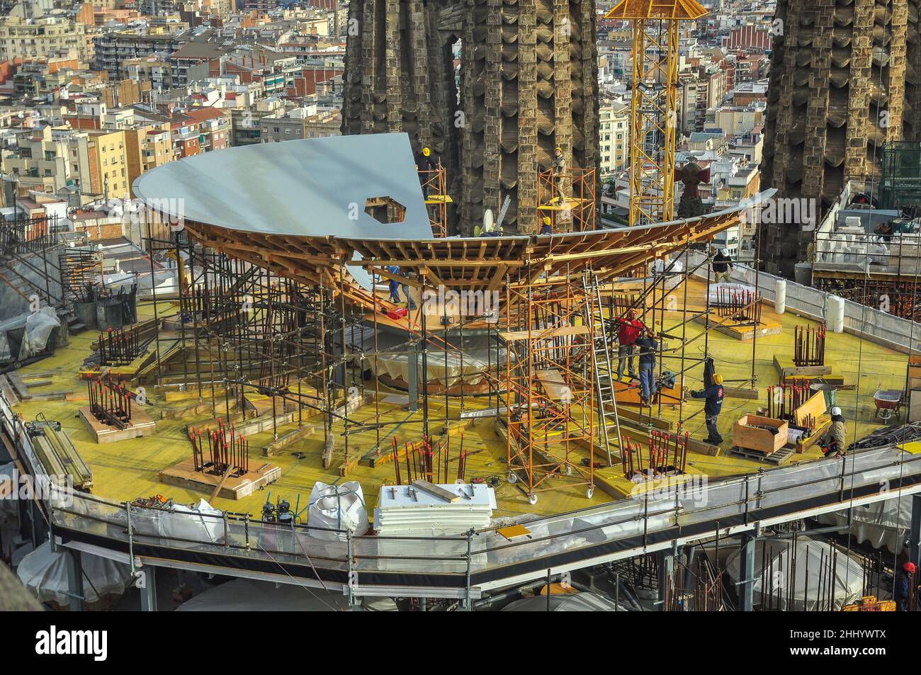 Construction works of the Crossing room, at the base of the Jesus Christ tower of the Sagrada Familia basilica (Barcelona, Catalonia, Spain) Stock Photo