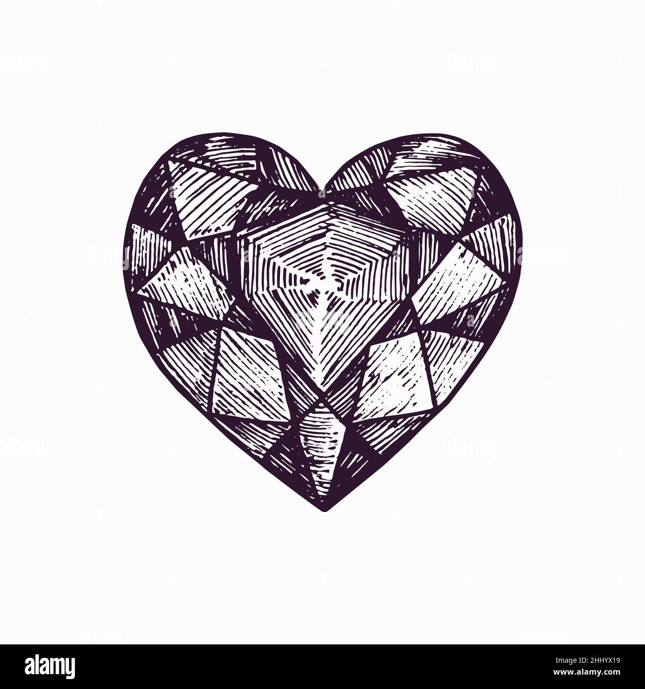 Heart shaped crystal, simple doodle drawing, gravure style Stock Photo