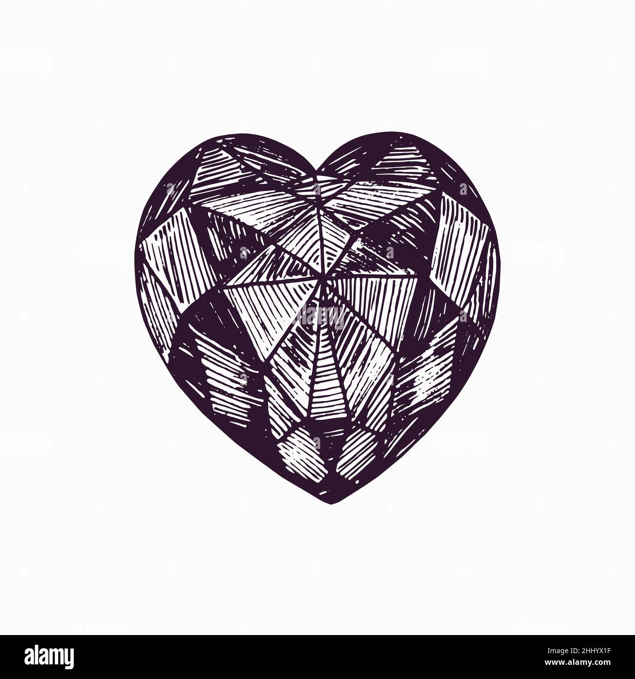 Heart shaped crystal, simple doodle drawing, gravure style Stock Photo