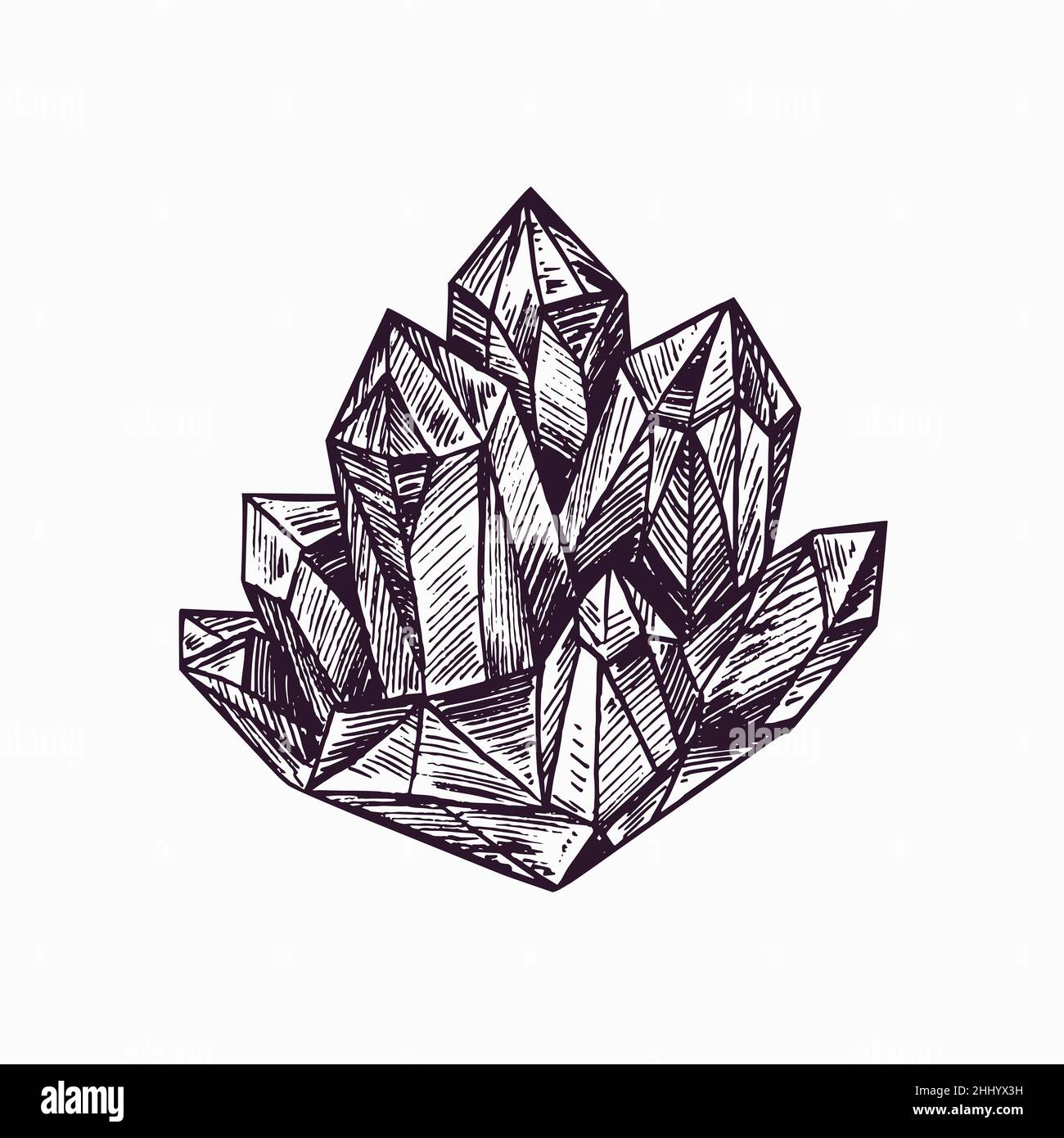 Beautiful crystal, simple doodle ink drawing, gravure style Stock Photo