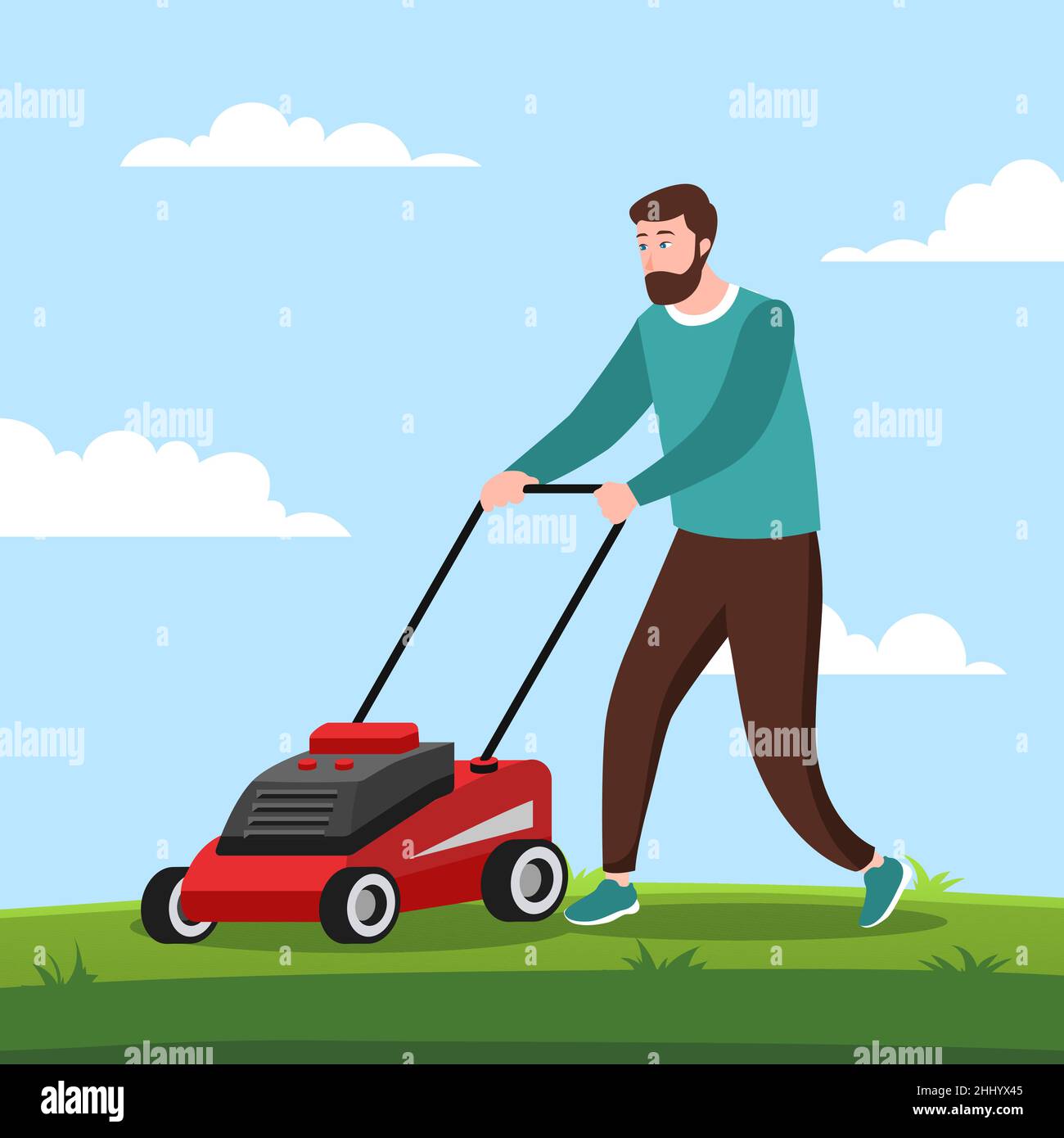 Hand drawn lawn mowing illustration Vector illustration. Stock Vector