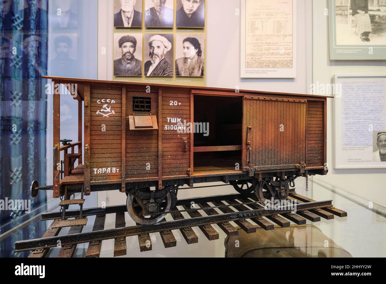 Model of a typical train car used by Russia to move displaced locals. At the Museum In Memory Of The Victims Of Repression in Tashkent, Uzbekistan. Stock Photo