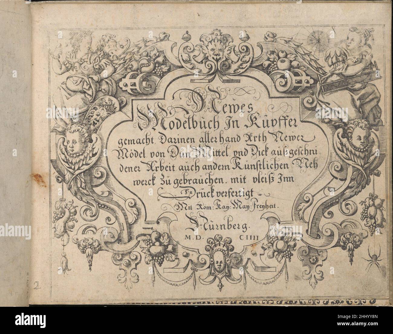 Newes Modelbuch in Kupffer (second title page, 2r) 1604 Johann Sibmacher German Designed by Johann Sibmacher, German, active 1590-1611.2 illustrated title pages, 12 pages of text surrounded by decorative borders, and 56 pages of designs.. Newes Modelbuch in Kupffer (second title page, 2r)  682021 Stock Photo