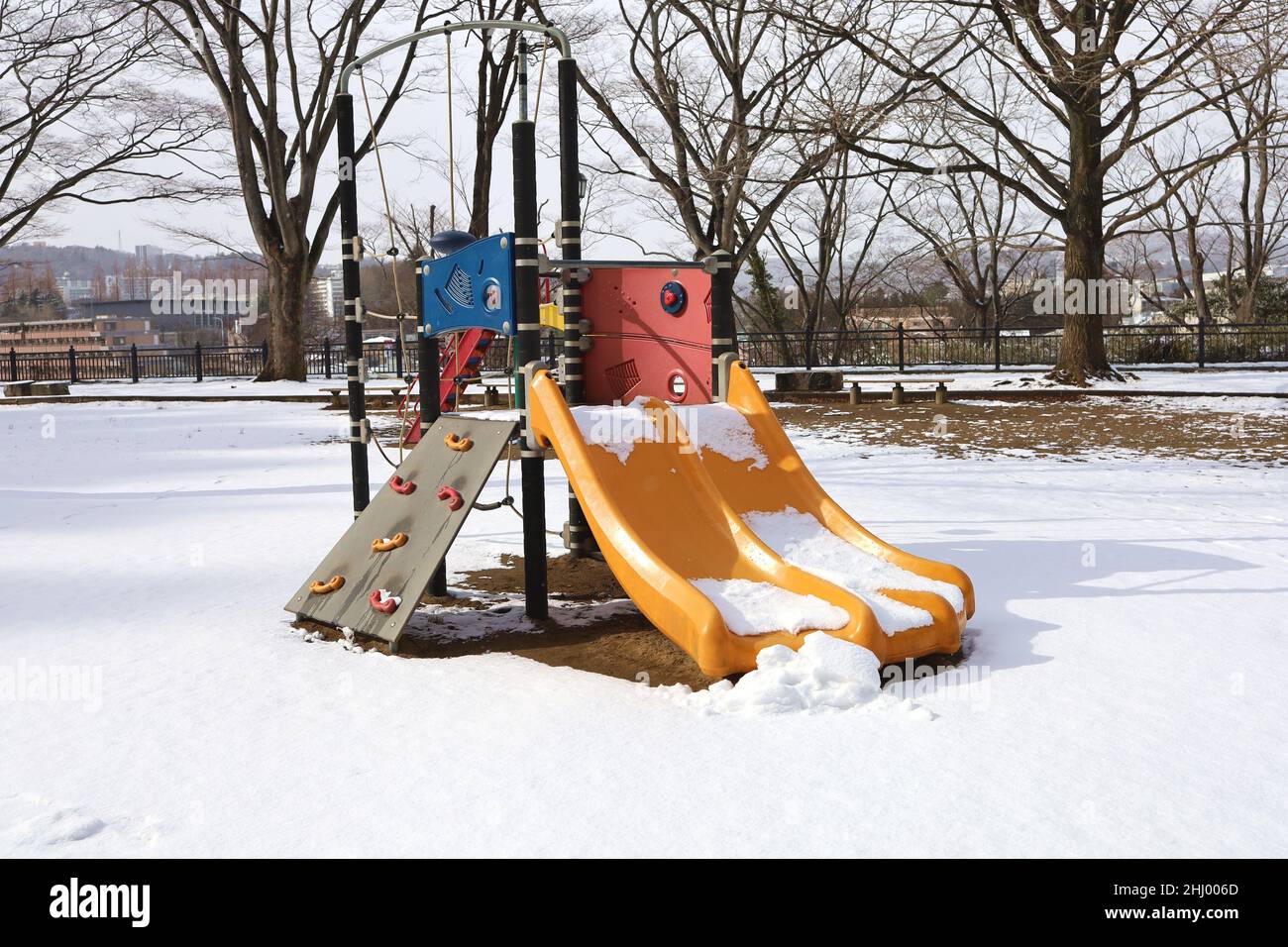 Sendai City, Miyagi Prefecture Japan January 2022. Play set with snow in the winter park. Stock Photo