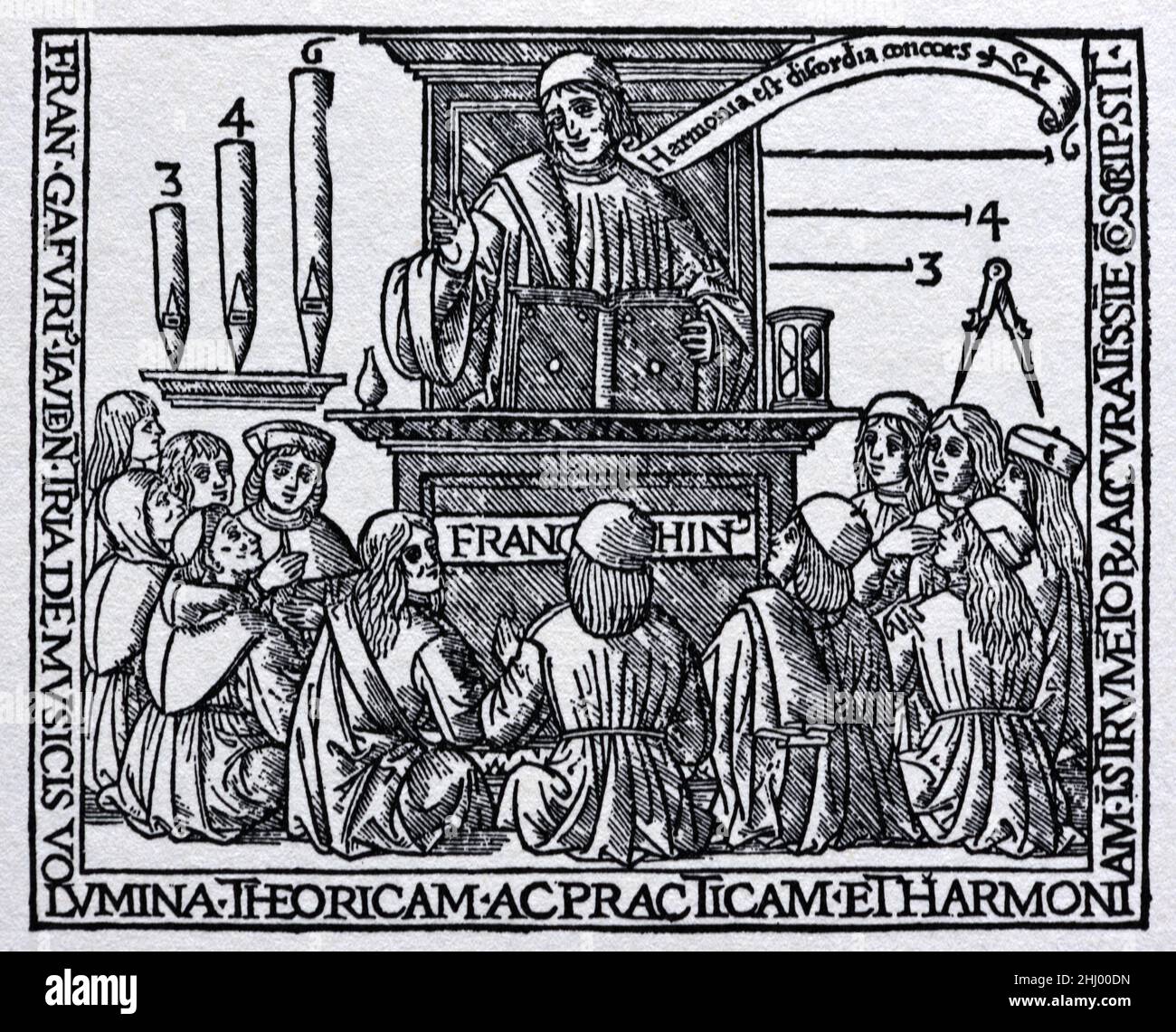 Franchinus Gaffurius (1451-1522) aka Franchino Gaffurio, Italian Musician & Composer Teaching Students during Renaissance Italy. 1518 Woodcut Print, Engraving or Illustration. Stock Photo