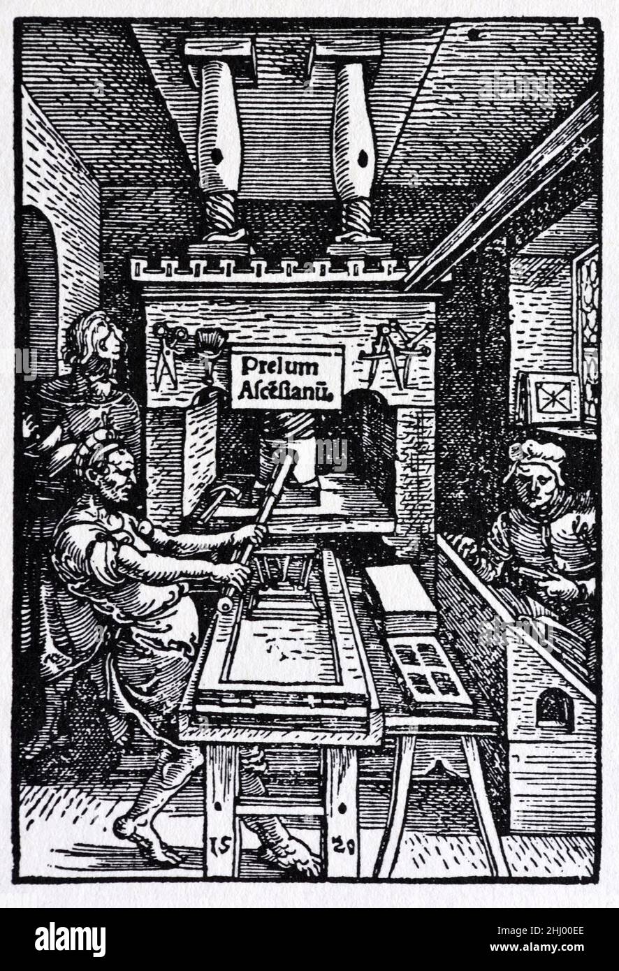 Printing Press of Jodocus Badius (1462-1535) aka Josse Badius, Joducus van Asche Badius, or Badius Ascensius. Woodcut Print, Engraving or Illustration 1520. Stock Photo