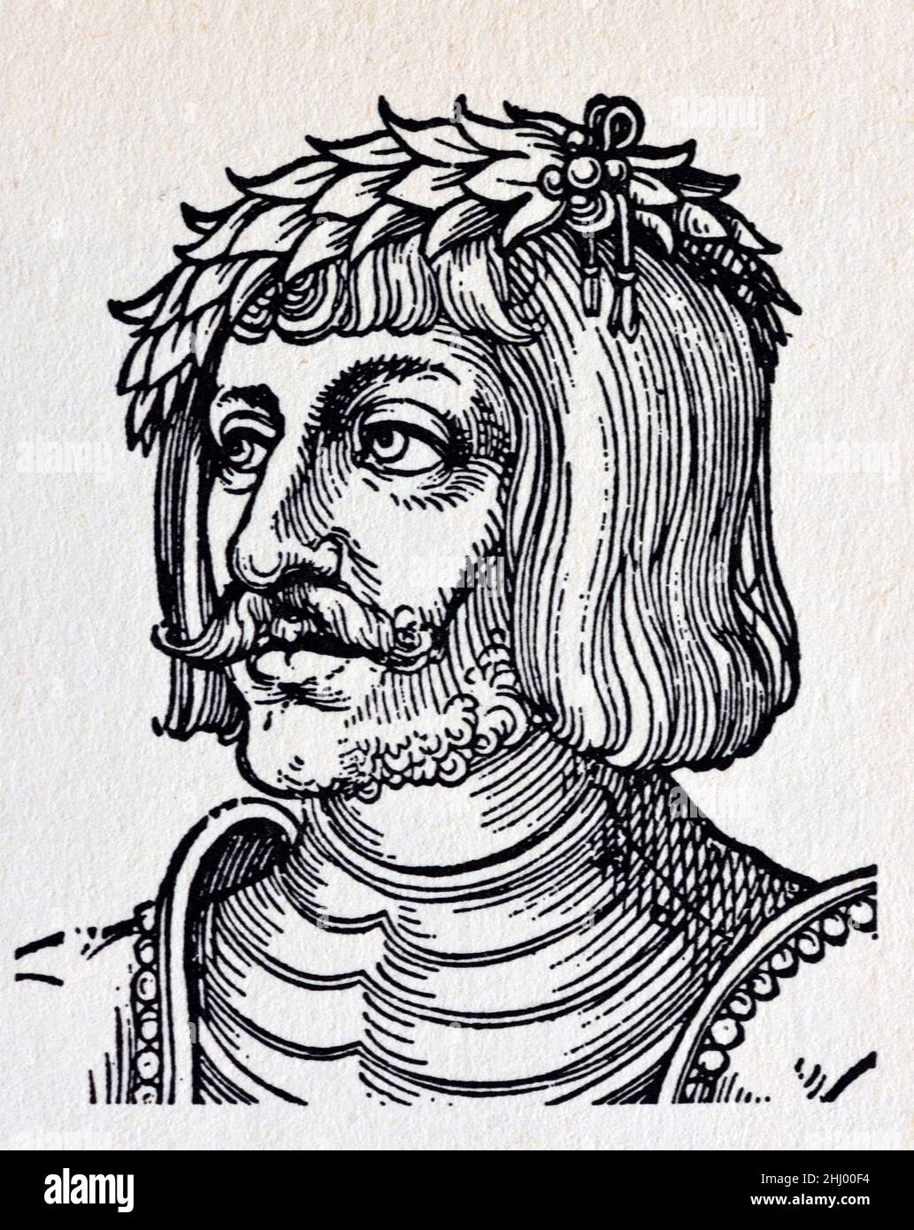 Portrait of Ulrich von Hutten (1488-1522) German Knight, Scholar, Monk, Writer, Poet & Satirist Portrayed in Knight's Armour c1522 Germany. Vintage Woodcut Print, Engraving or Illustration Stock Photo