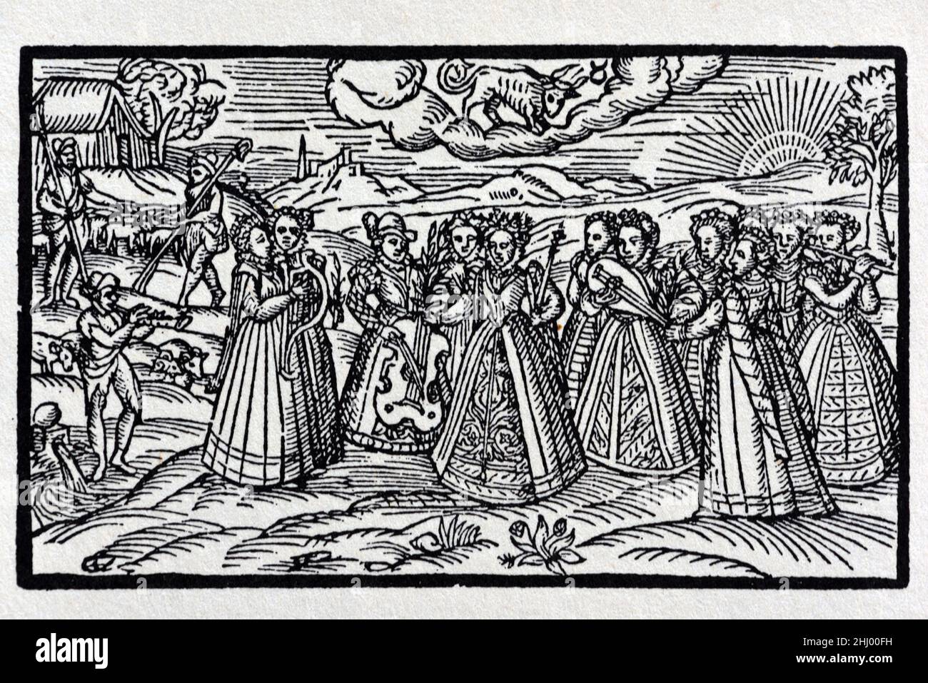 Woodcut from The Faerie Queene, by Edmund Spenser, showing Queen Elizabeth I of England with a Group of Female Musicians. 1590 Vintage Woodcut Print, Engraving or Illustration Stock Photo
