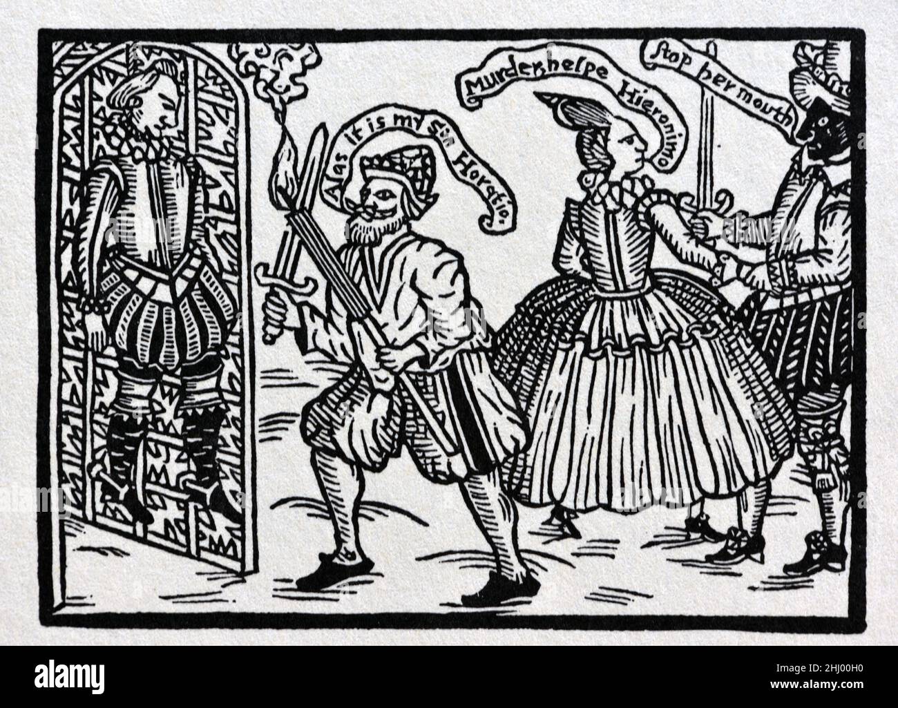 Woodcut Book Cover of a 1615 edition of The Spanish Tragedy by Thomas Kyd. The illustration shows Don Hieromino, Knight Marshal of Spain, and his Wife Isabella, discovering the murdered, hanged and stabbed body of their son Don Horatio. Vintage Woodcut Print, Engraving or Illustration Stock Photo