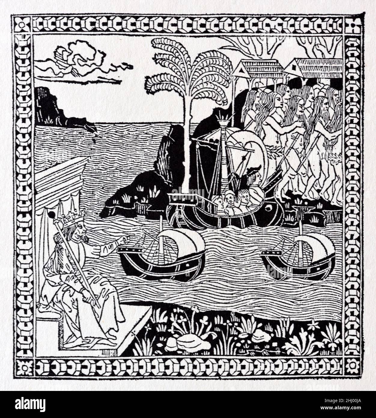 Woodcut of 1493 Showing Arrival of Christopher Columbus in the Cabribbean, the West Indies, the Americas or New World in1492. The illustration shows the Spanish King Ferdinand II of Aragon seated on his throne to bottom left. Vintage Woodcut Print, Engraving or Illustration Stock Photo